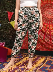 SHEIN 大碼繫腰帶熱帶圖案褲子 - 彩色 - 查看 1