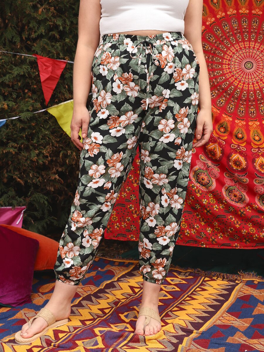 SHEIN 大碼繫腰帶熱帶圖案褲子 - 彩色 - 查看 1