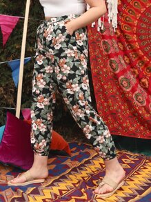 SHEIN 大碼繫腰帶熱帶圖案褲子 - 彩色 - 查看 3