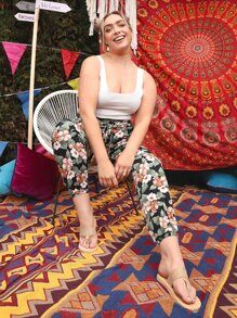 SHEIN 大碼繫腰帶熱帶圖案褲子 - 彩色 - 查看 4