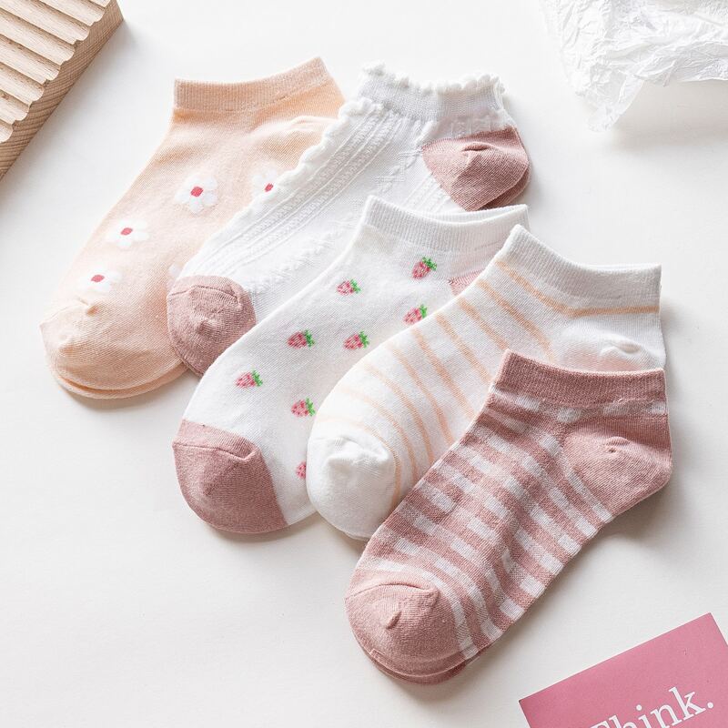

5pairs Cartoon & Striped Ankle Socks, Multicolor
