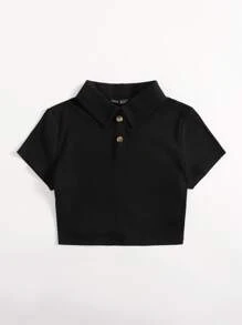 SHEIN EZwear Button Half Placket Polo Shirt - Black - View 4