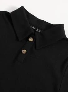 SHEIN EZwear Button Half Placket Polo Shirt - Black - View 6
