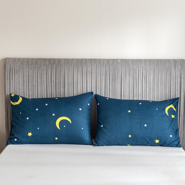 

1pair Moon Print Pillowcase Without Filler, Blue