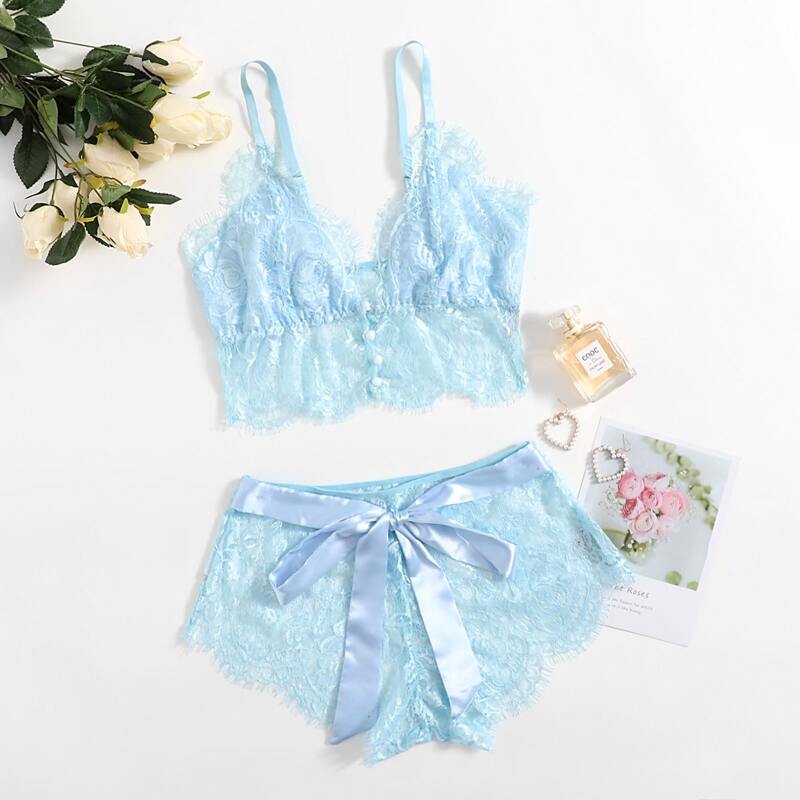 

Floral Lace Button Front Lingerie Set, Blue