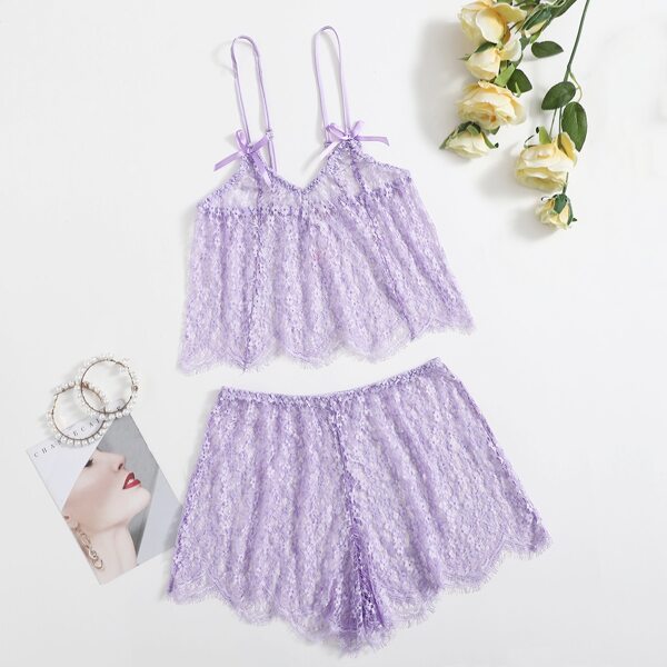 

Floral Lace Scallop Trim Lingerie Set, Lilac purple