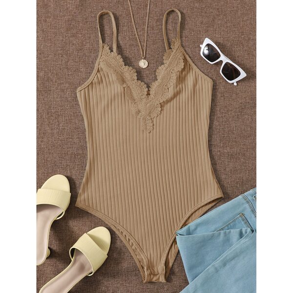

Contrast Lace Ribbed Cami Bodysuit, Khaki