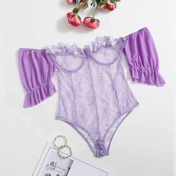 

Floral Lace Appliques Bardot Teddy Bodysuit, Purple