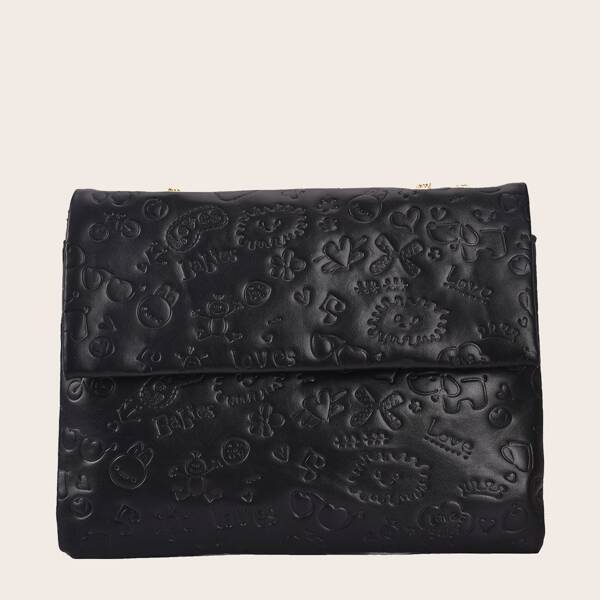 

Cartoon Embossed Flap Shoulder Bag, Black