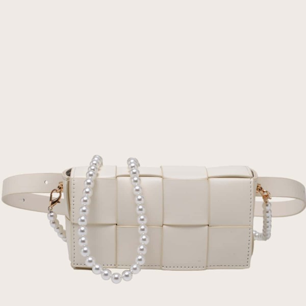 

Faux Pearl Decor Braided Crossbody Bag, Beige