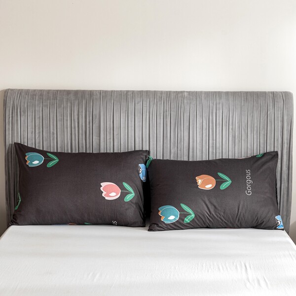 

1pair Tulip Print Pillowcase Without Filler, Black