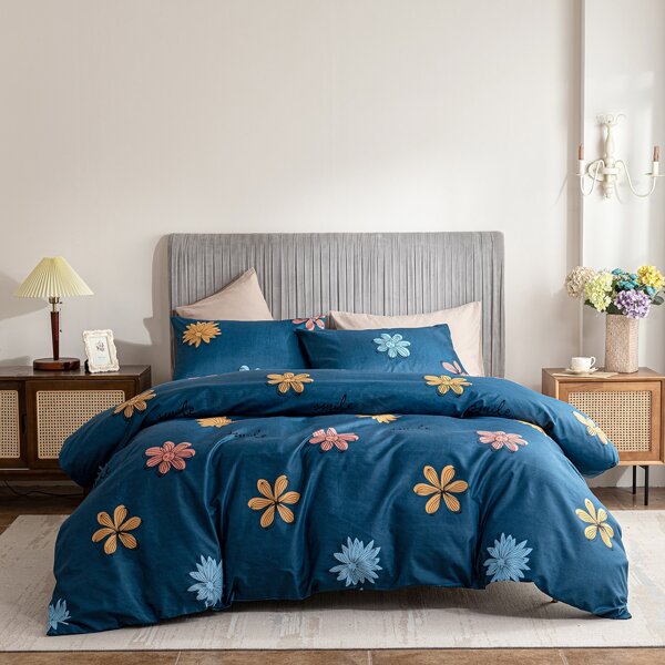 

Flower Print Duvet Cover Set Without Filler, Blue