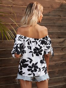 SHEIN VCAY 印花結飾袖露肩襯衫 - 黑與白 - 查看 2