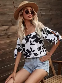 SHEIN VCAY 印花結飾袖露肩襯衫 - 黑與白 - 查看 3