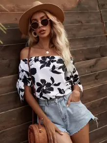 SHEIN VCAY 印花結飾袖露肩襯衫 - 黑與白 - 查看 5