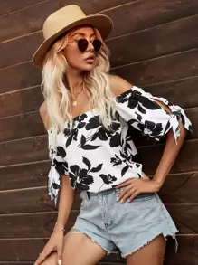 SHEIN VCAY 印花結飾袖露肩襯衫 - 黑與白 - 查看 6