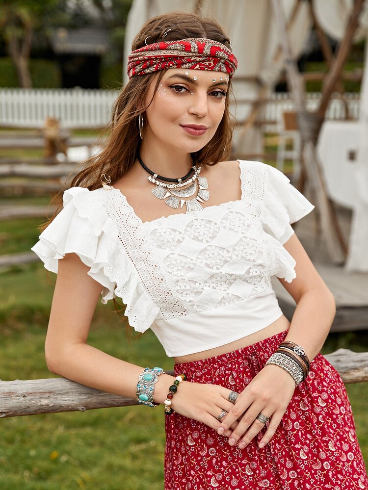 SHEIN Ruffle Armhole Schiffy Crop Top - White - View 4