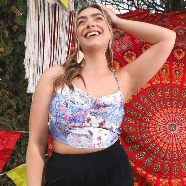 

Plus Lace Up Backless Paisley Print Cami Top, Multicolor