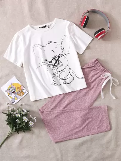 TOM & JERRY X SHEIN Cartoon Graphic Top & Pants PJ Set