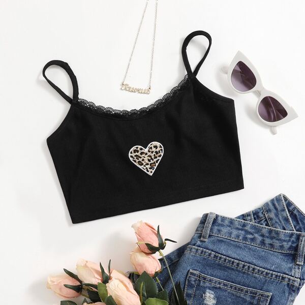 

Heart Print Lace Trim Crop Cami Top, Black