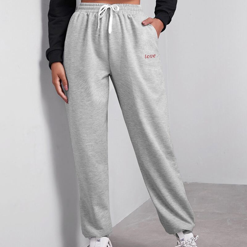 

Letter Graphic Drawstring Waist Sweatpants, Light grey