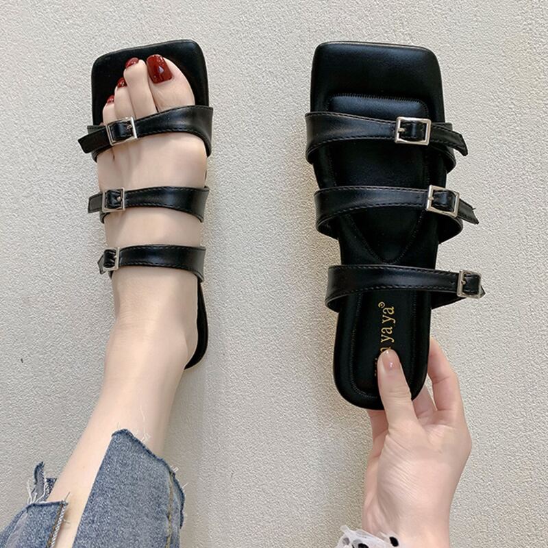 

Buckle Strap Slide Sandals, Black