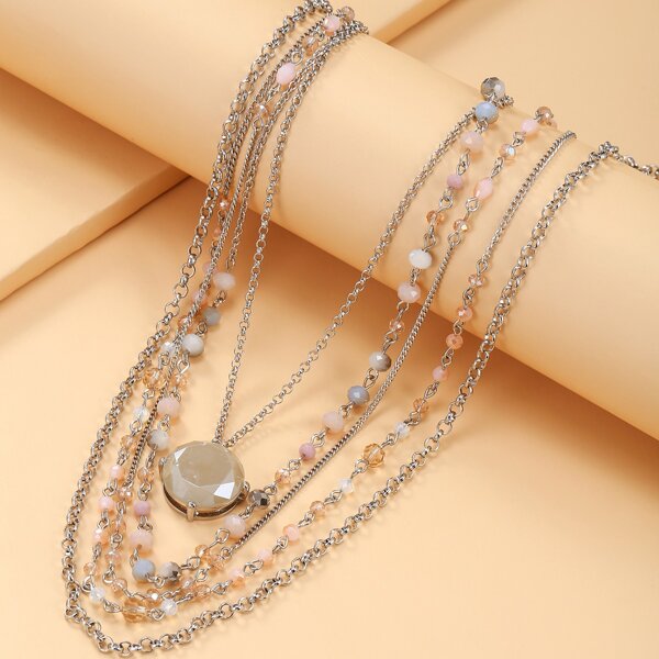 

Bead Decor Layered Necklace, Silver