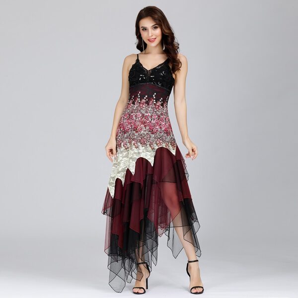 

Sequin Bodice Embroidered Mesh Cami Prom Dress, Multicolor