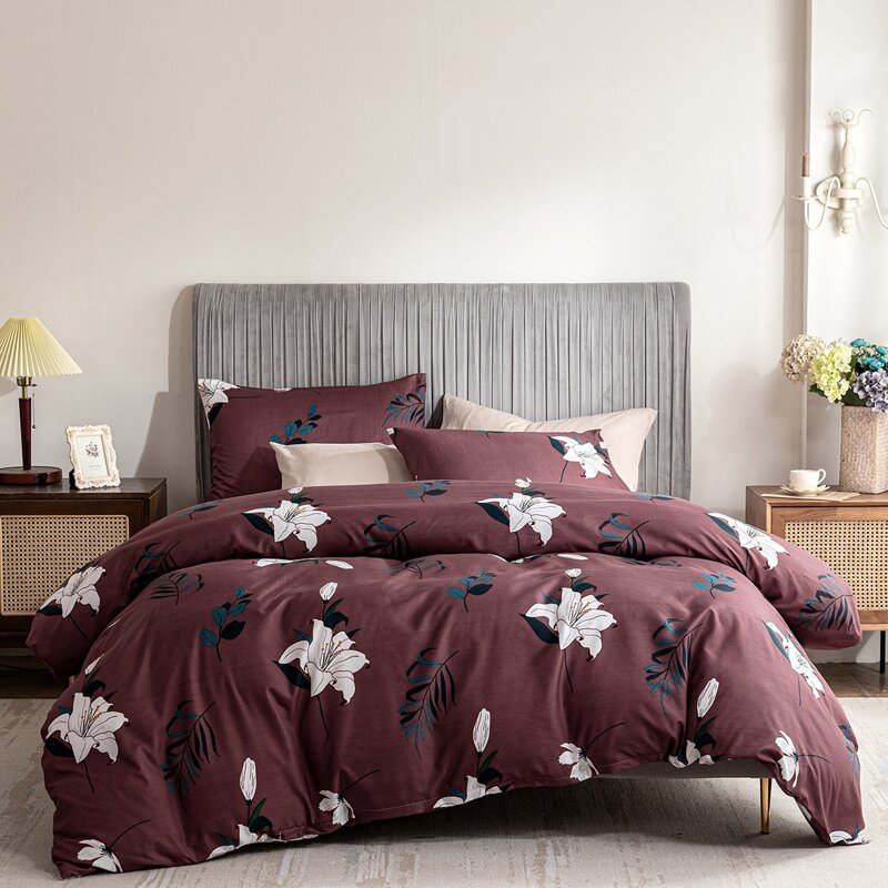 

Flower Print Duvet Cover Set Without Filler, Coffee brown