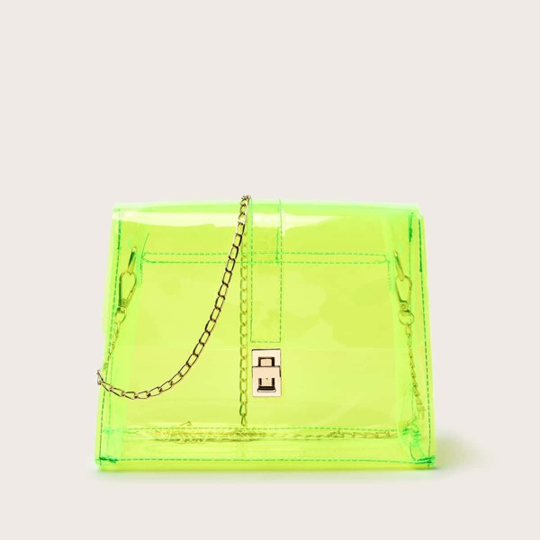 

Clear Twist Lock Chain Crossbody Bag, Lime green
