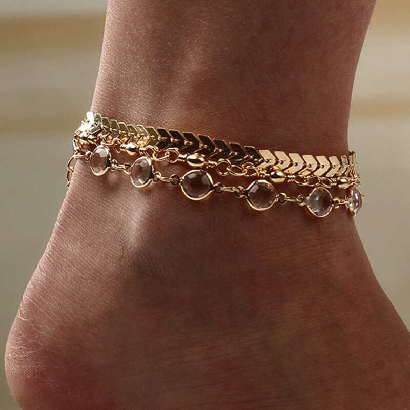 

3pcs Rhinestone Decor Anklet, Gold