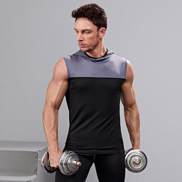 

Men Contrast Panel Hooded Sports Tank Top, Multicolor