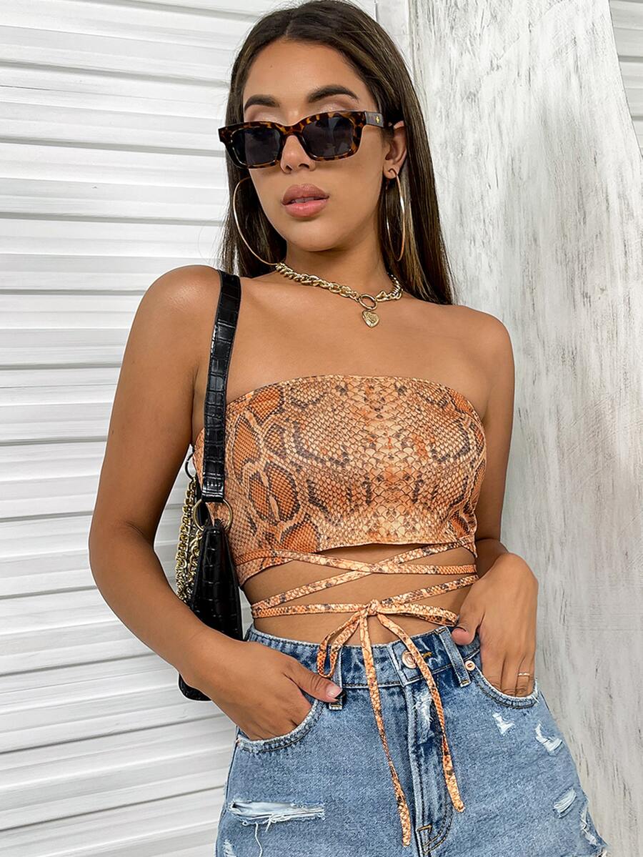 Snakeskin Print Lace Up Waist Tube Top - Multicolor - View 1