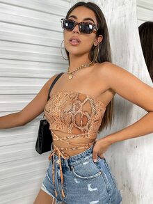 Snakeskin Print Lace Up Waist Tube Top - Multicolor - View 4