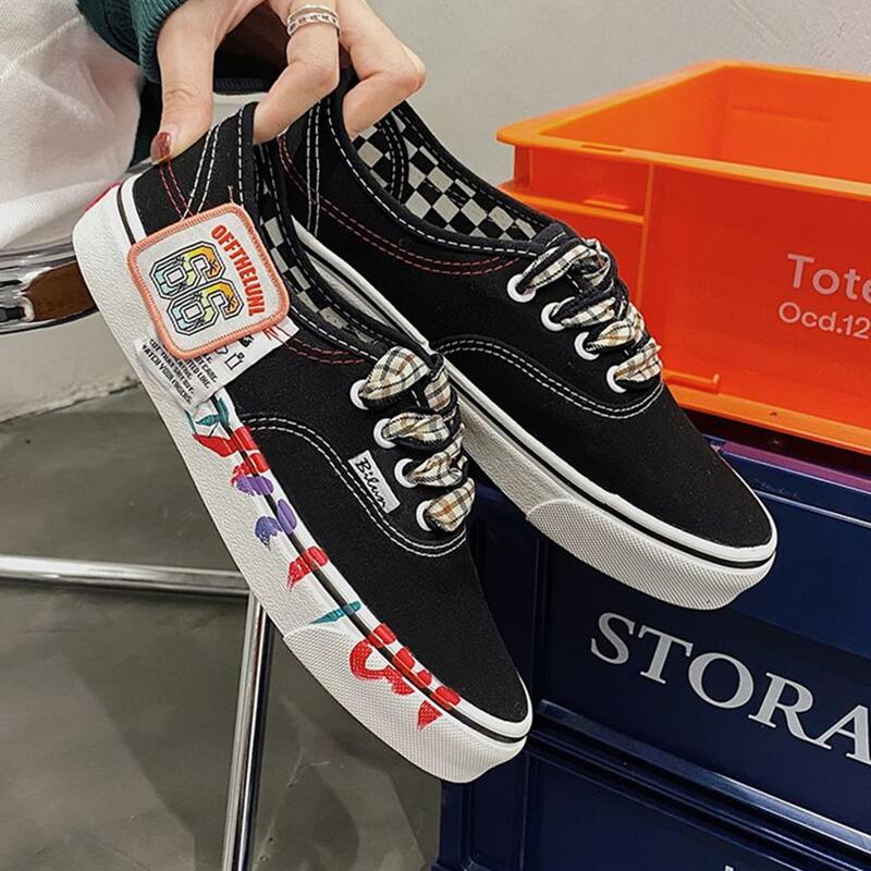 

Letter Tape Lace-up Canvas Sneakers, Black
