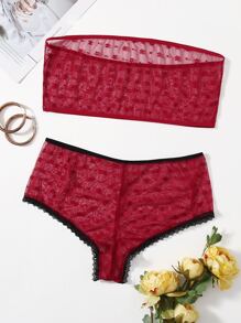 Plus Sheer Mesh Bandeau Lingerie Set - Rose Red - View 1