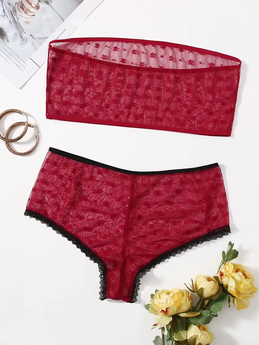Plus Sheer Mesh Bandeau Lingerie Set - Rose Red - View 1
