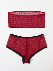 Plus Sheer Mesh Bandeau Lingerie Set - Rose Red - View 2