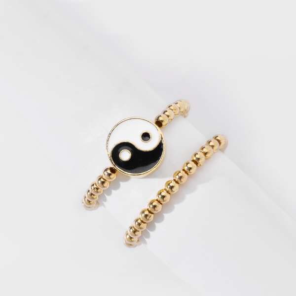

2pcs Yin & Yang Detail Beaded Ring, Black and white