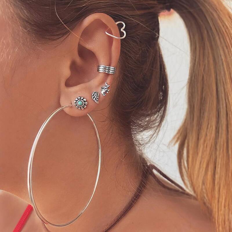 

7pcs Leaf & Heart Earrings Set, Antique silver