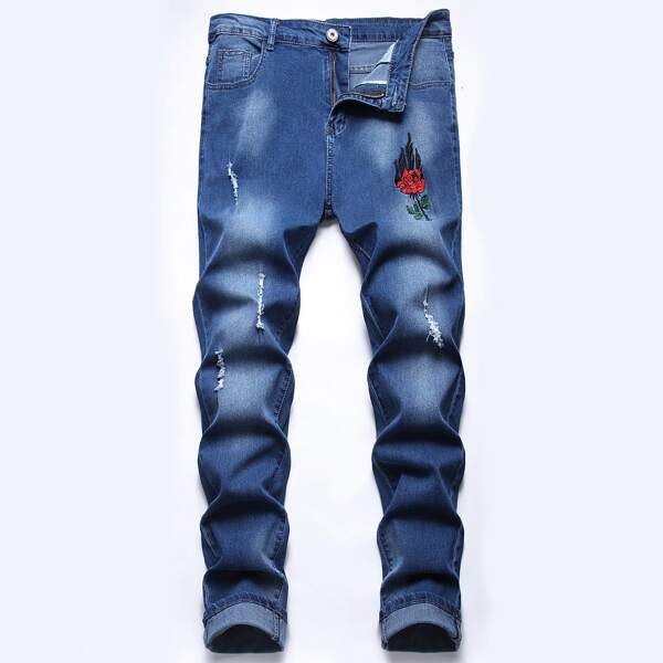

Guys Floral Embroidery Ripped Jeans, Dark wash