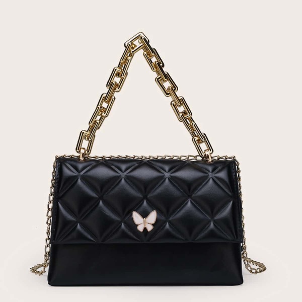 

Quilted Chain Satchel Bag, Black