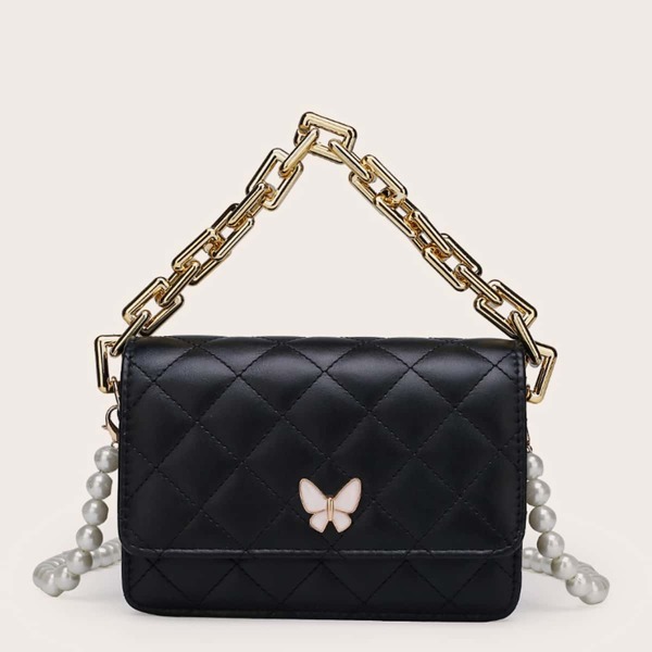 

Quilted Chain Satchel Bag, Black