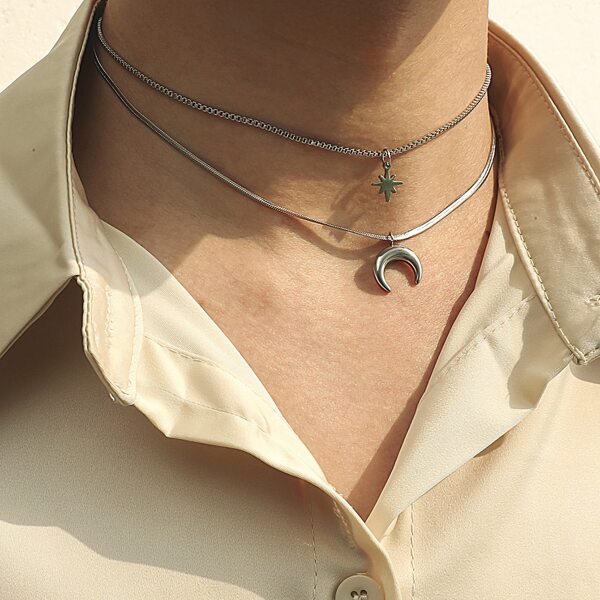 

Men Moon Charm Layered Necklace, Silver