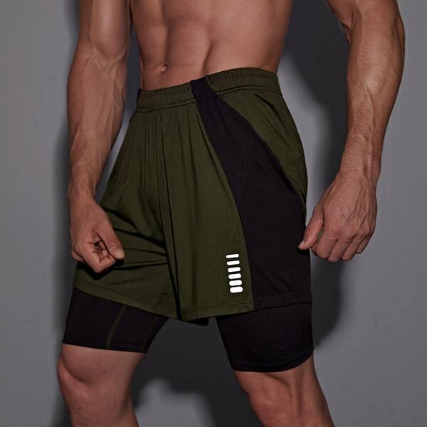 

Men 2 In 1 Colorblock Sports Shorts With Phone Pocket, Army green