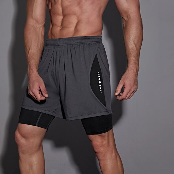 

Men 2 In 1 Colorblock Sports Shorts With Phone Pocket, Dark grey