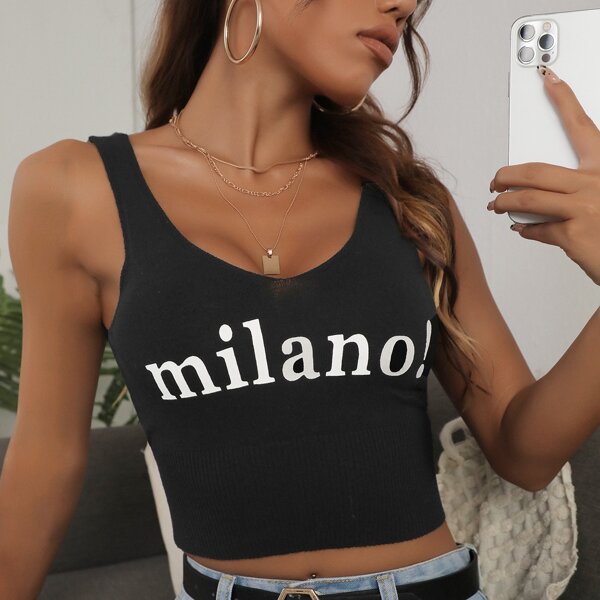 

Letter Pattern Crop Knit Top, Black