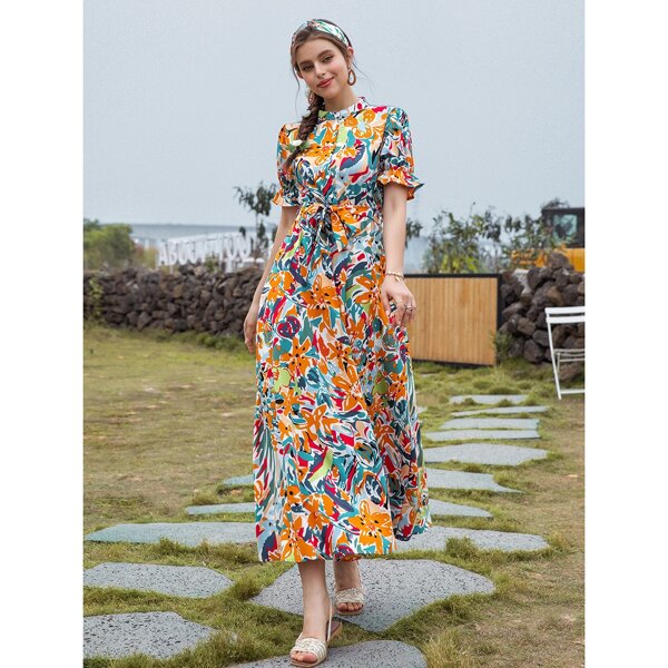 

Floral Half Button Belted Dress, Multicolor