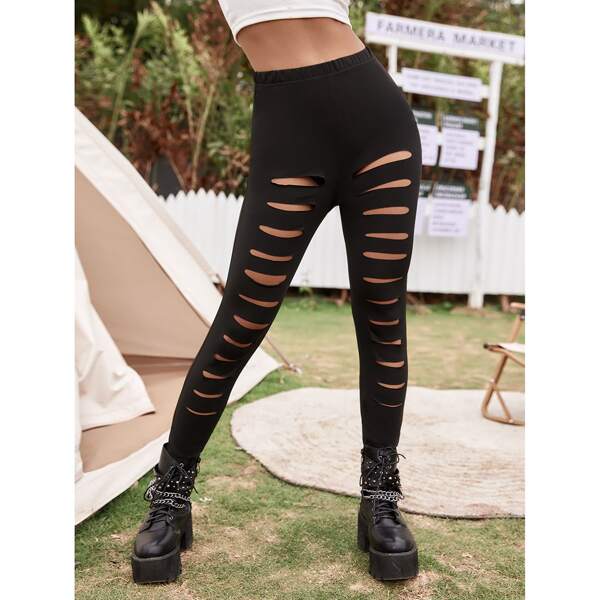 

Ripped Solid Leggings, Black