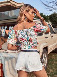 Off The Shoulder Floral Print Crop Blouse